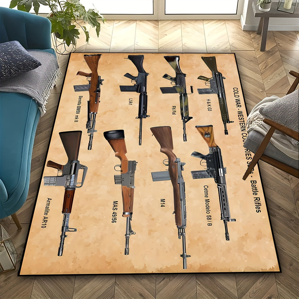 Military-themed polyester fiber carpet featuring various gun patterns, designed for use in the bathroom, living room, bedroom, or restaurant. Resistant to dirt, machine washable, and non-slip for added convenience.