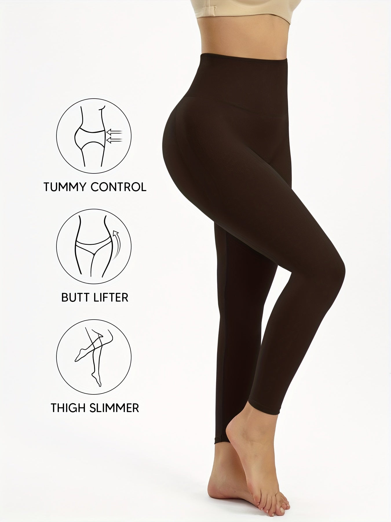 High waist shaping leggings for women, offering tummy control and butt lifting. Ideal for running, yoga, and casual wear. Brown seamless design is comfortable and breathable.