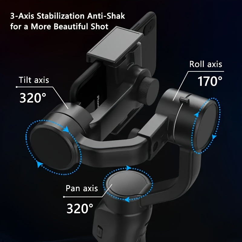 QAML 3-Axis Smartphone Gimbal Stabilizer with USB charging, wireless capabilities, and tripod. Ideal for vlogging, sports, and travel. Compatible with iPhone and Android devices.