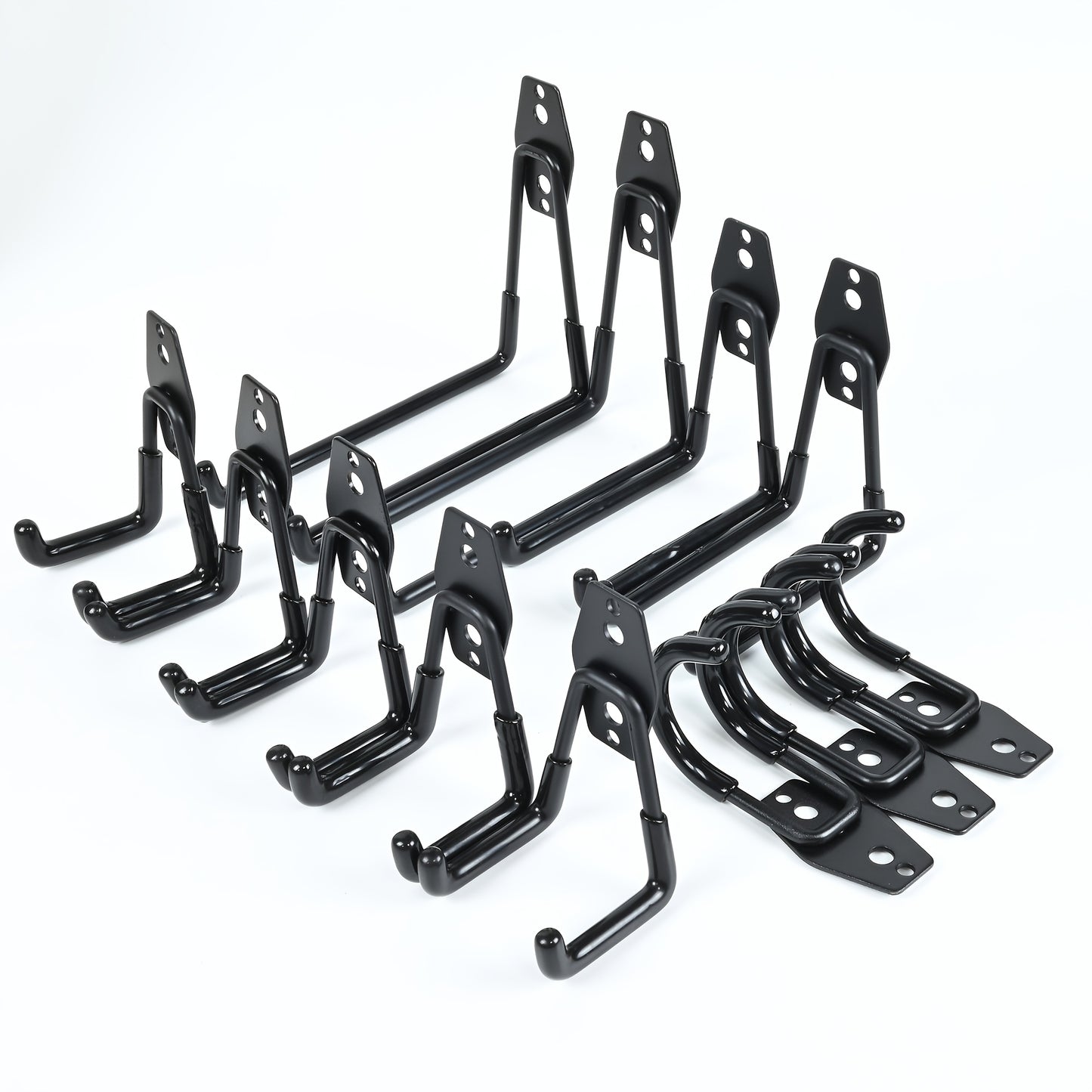 12 heavy-duty steel garage hooks for organizing power tools, ladders, bikes, and more equipment. Ideal for garage organization and storage.