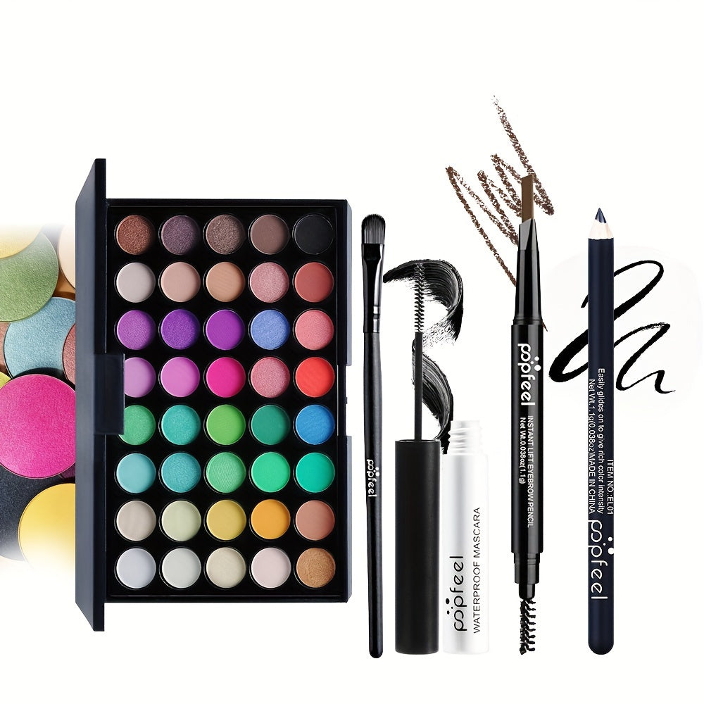 POPFEEL 40-Color Eyeshadow Palette Set in Black Tones with Brushes, Mascara - Portable Eye Makeup Kit