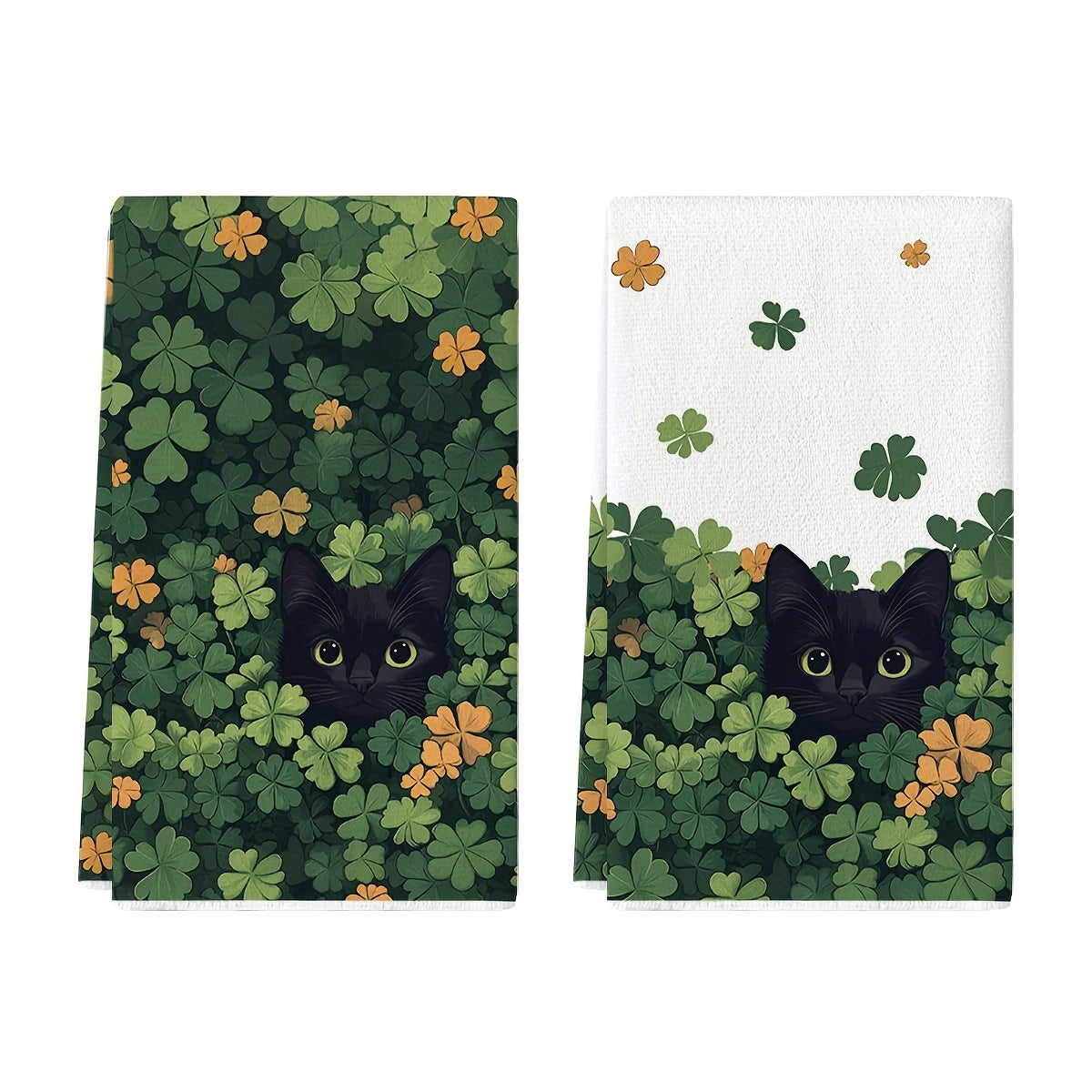 Two pieces of black cat clover St. Patrick's Day kitchen towels measuring 40.64x60.96 cm. These farmhouse holiday spring decoration hand towels are perfect for your kitchen.