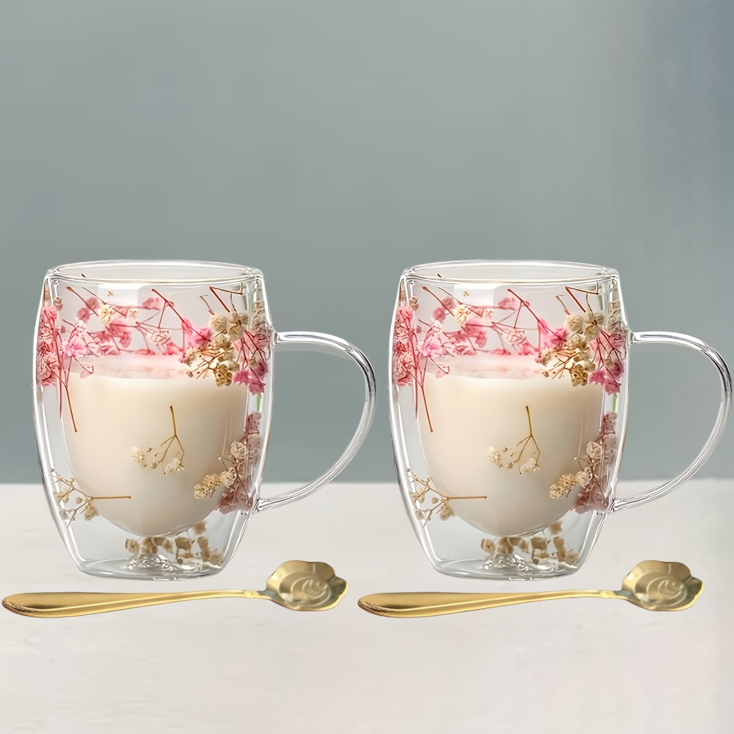 Set of 2 Floral Double-Wall Glass Mugs with Spoons, 11.83 oz Each, Non-Toxic and Durable, Hand Wash Recommended, Suitable for a Variety of Hot Beverages, Great for Home Entertaining and Gift-Giving on Special Occasions like Christmas, Thanksgiving