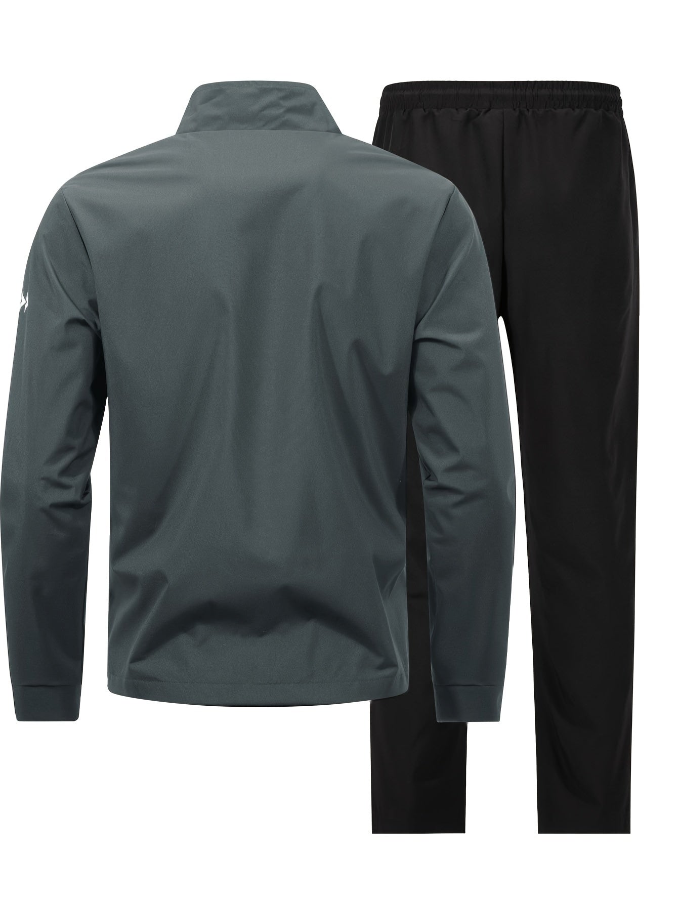 Green & black striped tracksuit set for men made of 100% polyester, suitable for machine washing. Features a zip-up jacket with stand collar and matching joggers, ideal for outdoor racing