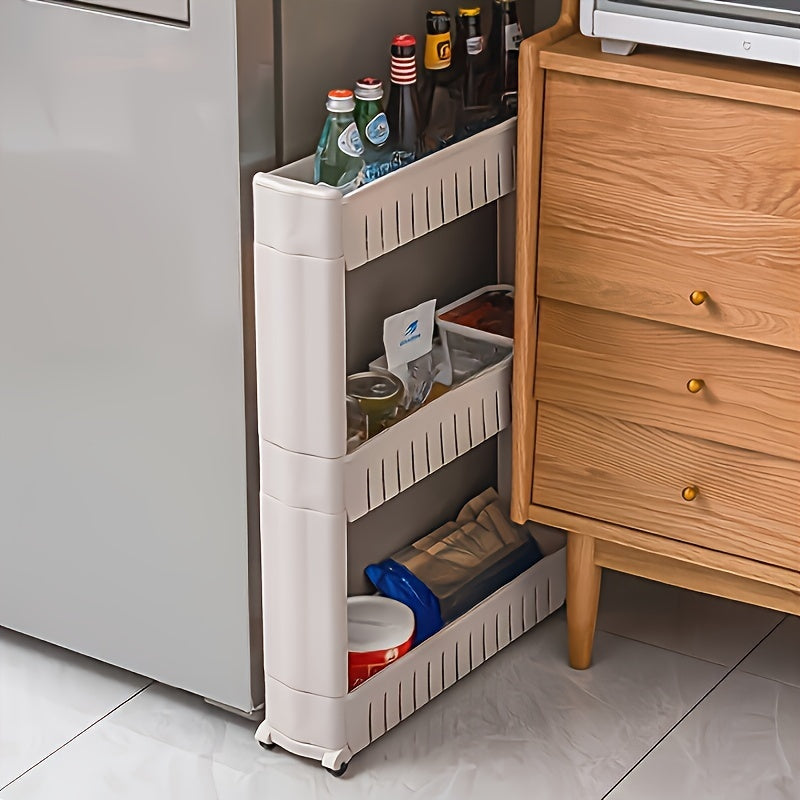 3/4-layer ultra-narrow refrigerator edge gap organizer for bathroom and living room storage, ideal for hotels.