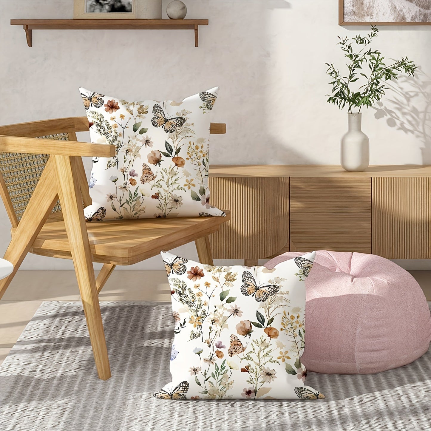 Two pieces of velvet throw pillow covers featuring a country rustic floral butterfly design in white. These decorative pillow covers measure 45.72cm x 45.72cm and are perfect for adding a touch of elegance to your living room, bedroom, sofa, or bed.