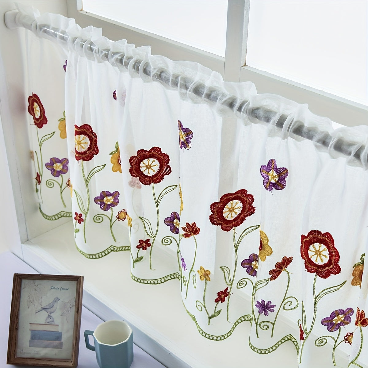 Embroidered sheer curtain valance for living room or cafe home decor, measuring 1 piece.