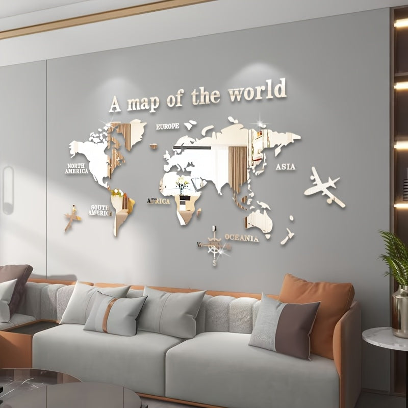 Bohemian style acrylic wall decor featuring "A Map of the World" with airplane and compass rose design. 1mm thick with adhesive backing. Ideal for classrooms, offices, bedrooms, and living