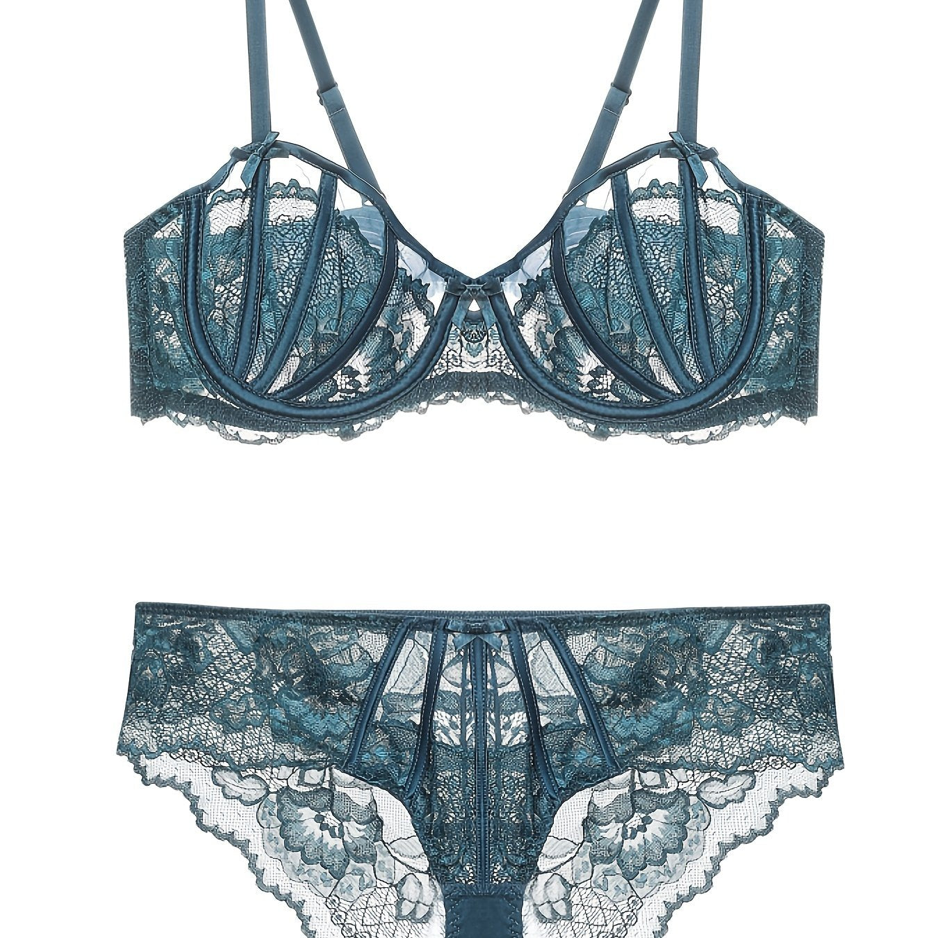 Floral lace unlined bra and bow panties set for women.