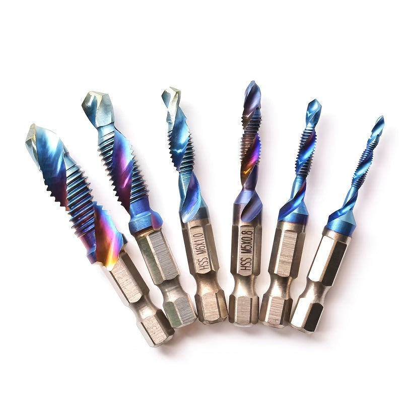 6 piece titanium drill and tap bit set with 1/4" hex shank for high-speed steel and metric threads M3-M10, suitable for screw tapping and countersinking. Combination bit and drill bits