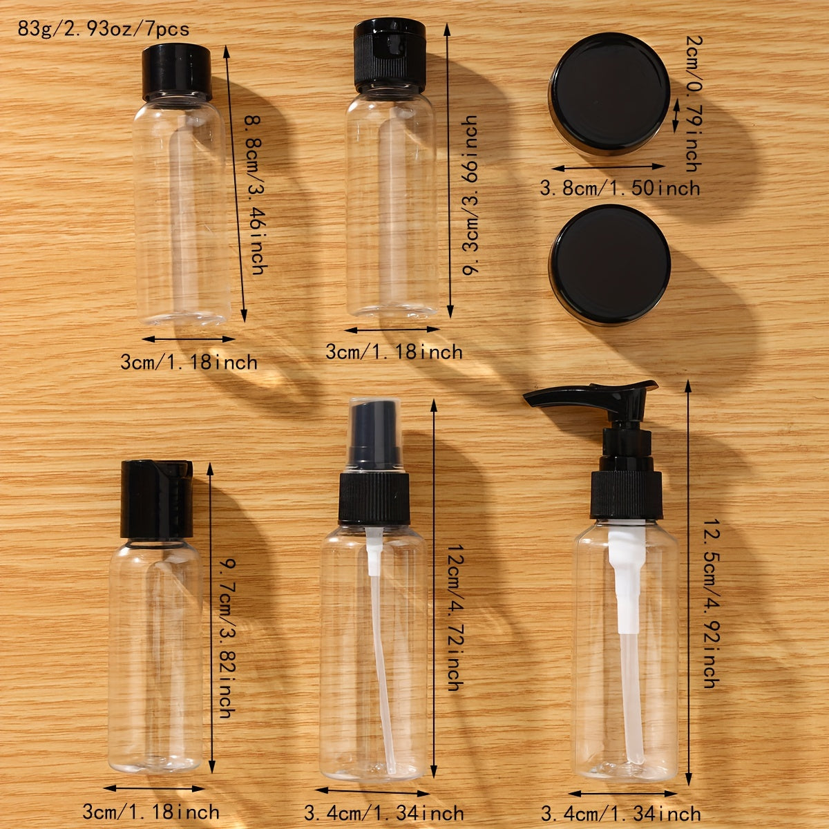 7-piece travel bottles for toiletries, refillable, perfect for shampoo, conditioner, lotion, soap, and body wash.