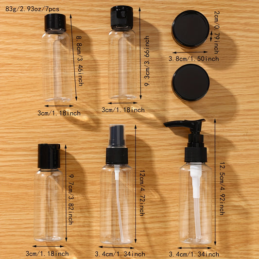 7-piece travel bottles for toiletries, refillable, perfect for shampoo, conditioner, lotion, soap, and body wash.