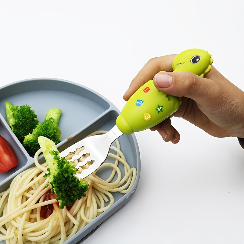 Youngsters dining set includes stainless steel fork and spoon with colorful dinosaur handles, making mealtime easy and kid-friendly.