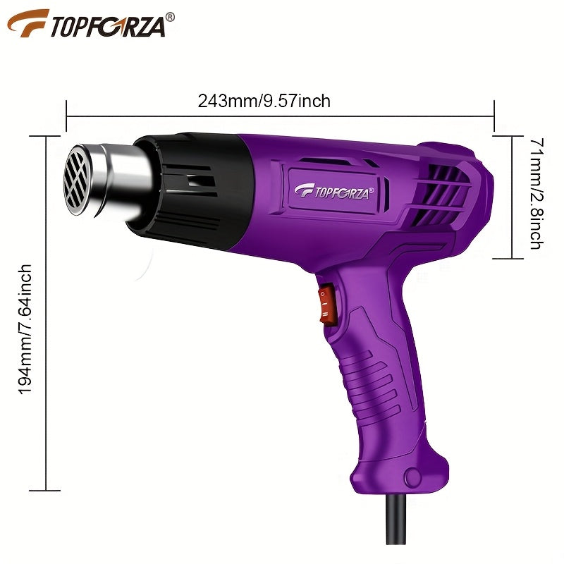 Fast preheating heat gun with temperature control and overload protection, ideal for crafts, PVC shrinking, and paint stripping. Kit includes 4 nozzles.