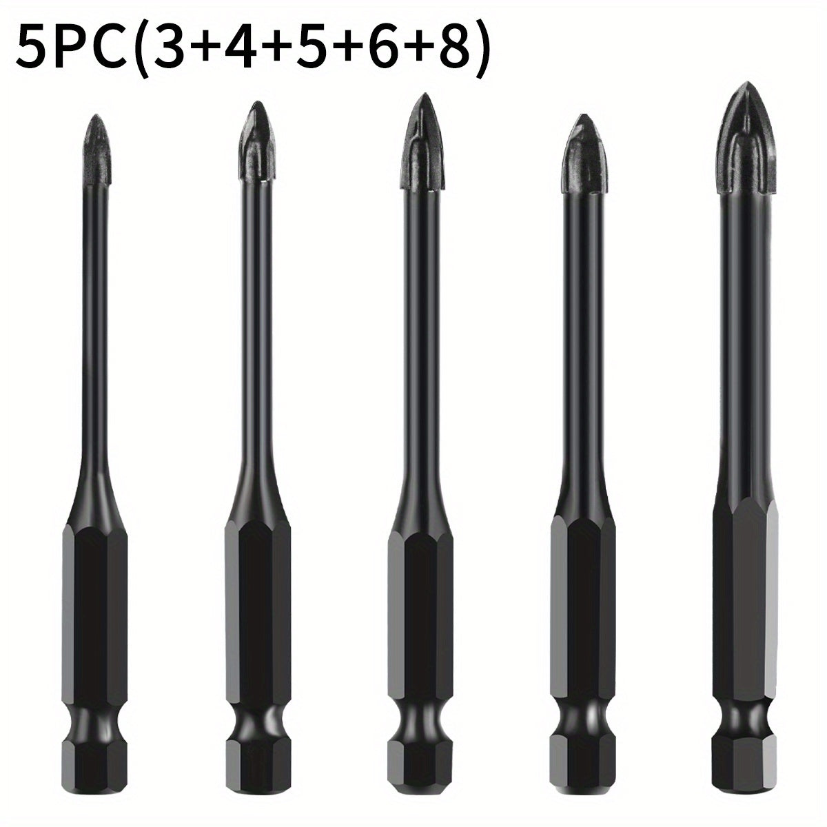 5pcs hexagonal shank cross reaming triangular drill bits for glass, ceramic, woodworking, and electric tools, with hard alloy accessory in 3/4/5/6/8mm sizes.