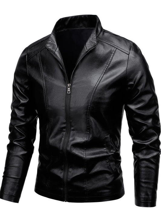 Men's casual jacket with stand collar, zip-up long sleeve, made of 100% polyurethane. Solid color and non-stretch woven fabric, regular fit with functional pockets, suitable for daily wear.