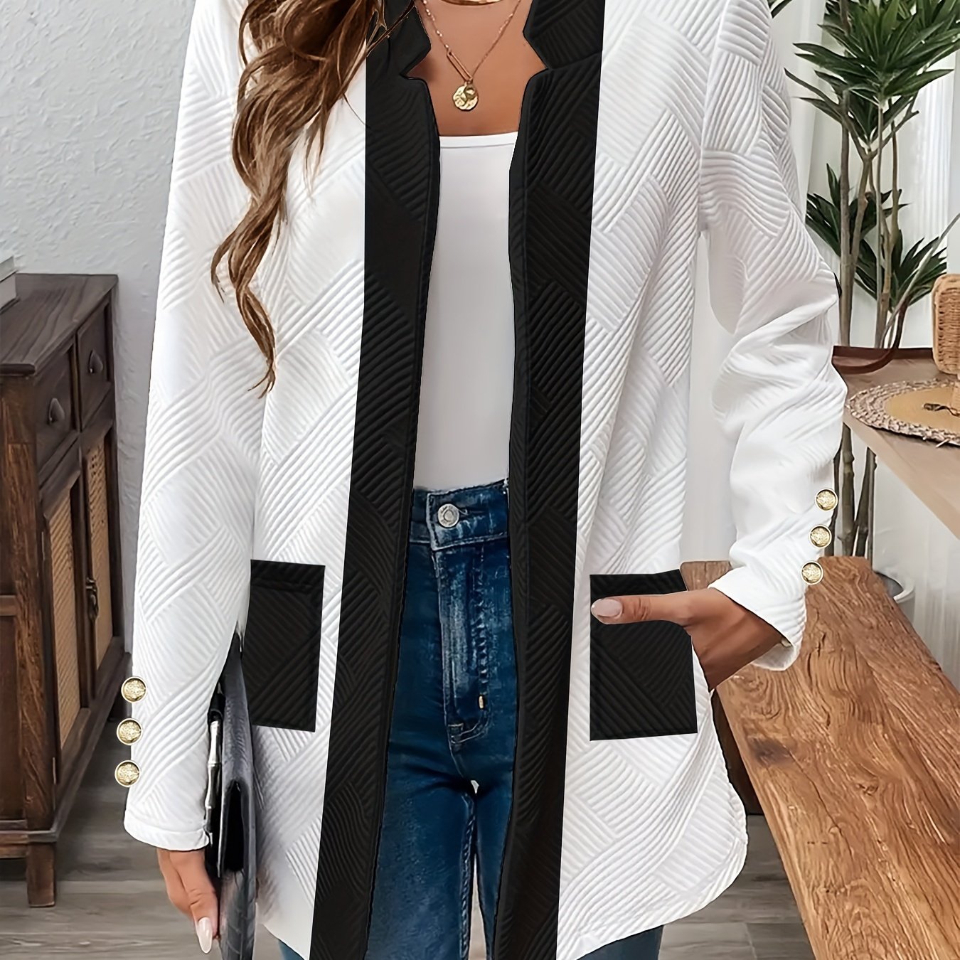 Women's lightweight blazer with pockets, solid color, geometric texture, long sleeve, V-neck, machine washable.