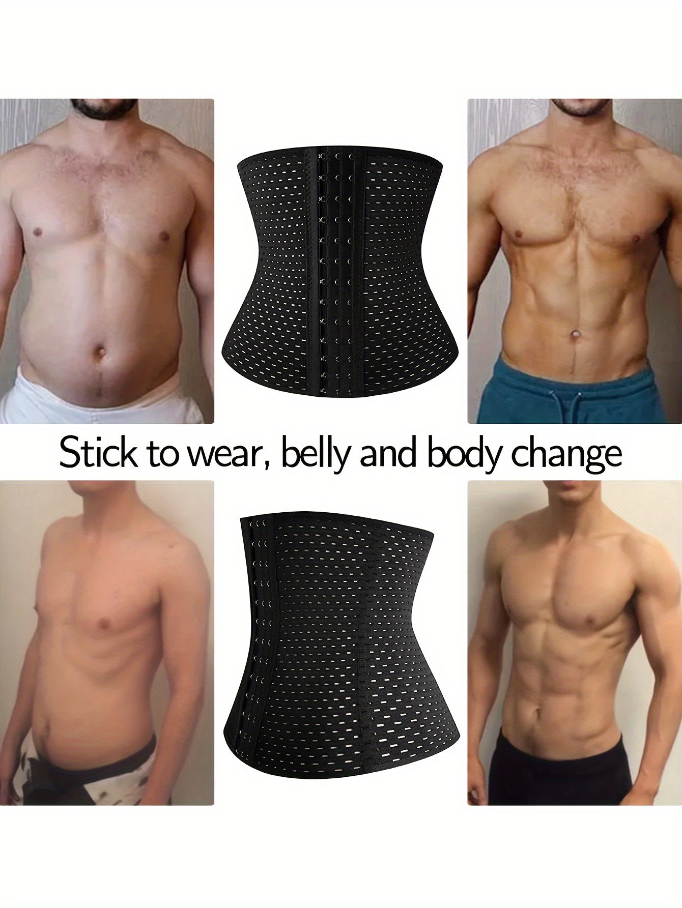 Men's breathable mesh waist belt with 3 row buckle and 4 steel bones for tummy control, ideal for daily wear.