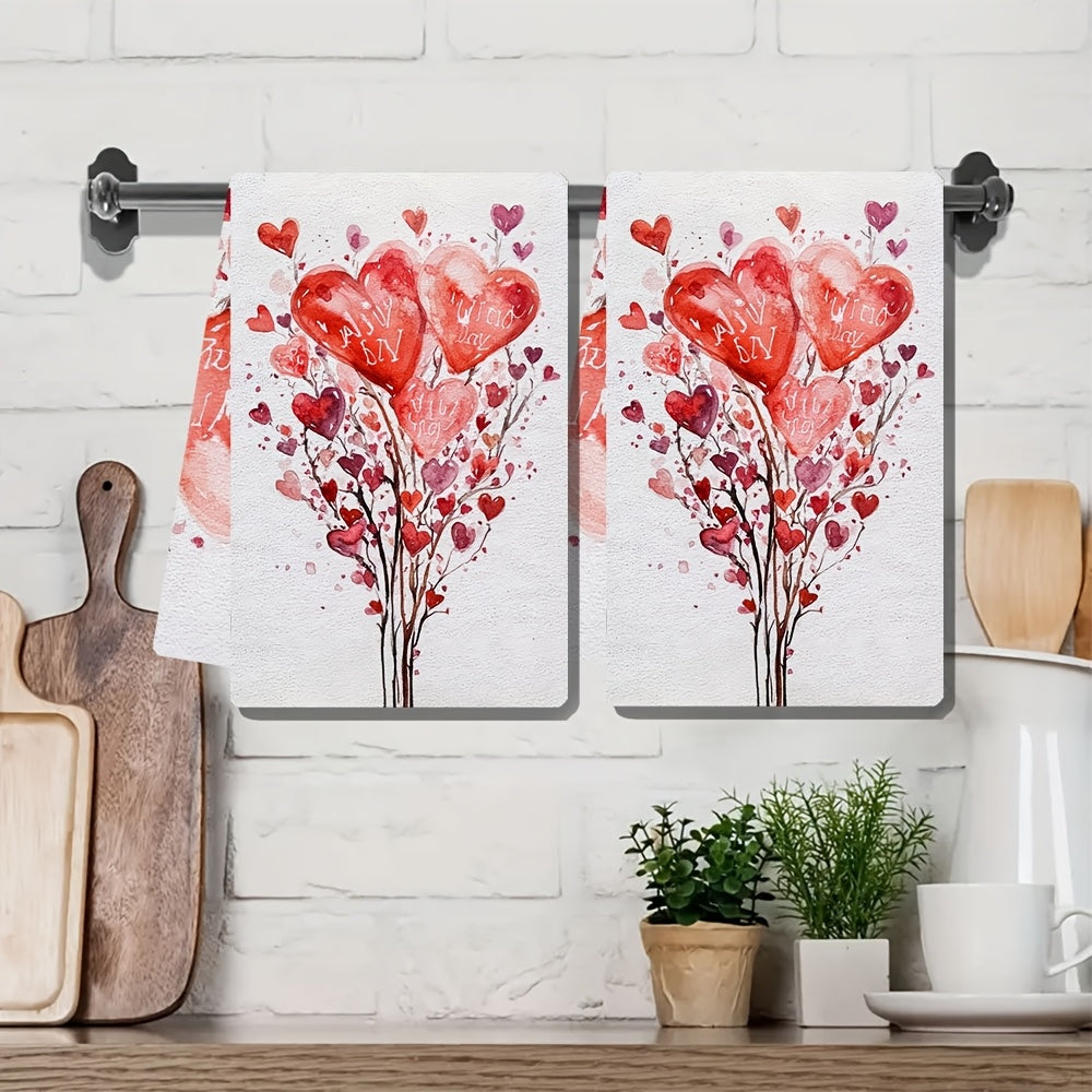 Set of 2 Ultra Plush Valentine's Day Kitchen Towels - Featuring Heart & Tulip Designs, Super Absorbent Polyester Dish Hand Towels, Easily Washable, 40.64x60.96 cm - Perfect for Holiday Kitchen Decor, Dish Towels