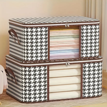 A durable canvas houndstooth storage bag with a zippered closure and handles, perfect for quilts, clothes, and linens. Lightweight and portable, this organizer is ideal for keeping your wardrobe, bedroom, or dorm neat and tidy. Its modern aesthetic adds