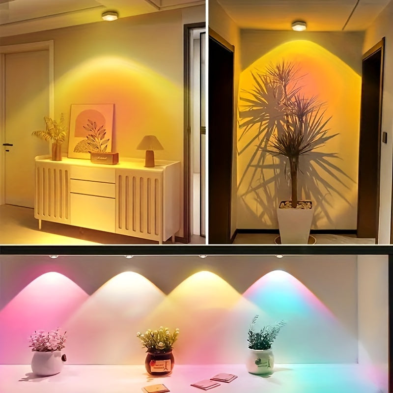 Creative white hexagonal cat eye sunset red projection sunset lamp with touch dimmable LED technology, battery powered for cabinet and wall lighting.