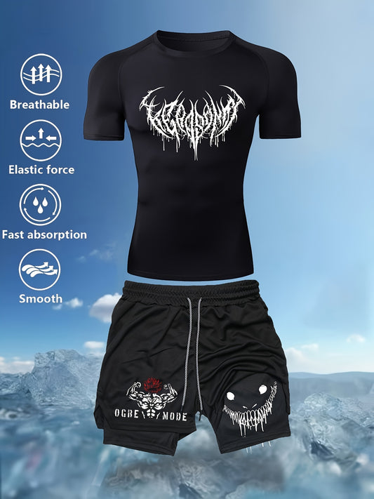 Men's Printed Wings Sports Suit with Quick-Drying Compression T-Shirt, Face-printed Shorts, Short-Sleeved Sweatshirt + Multi-Pocket Double-Layer Shorts