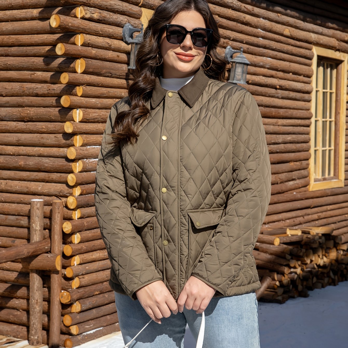 Stylish plus size lapel jacket in warm polyester with pockets for fall/winter. Quilted design, machine washable, and durable for everyday wear.