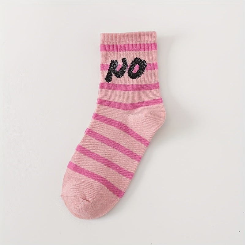 5 pairs of pink letter socks for women, calf-length stockings perfect for spring and summer.