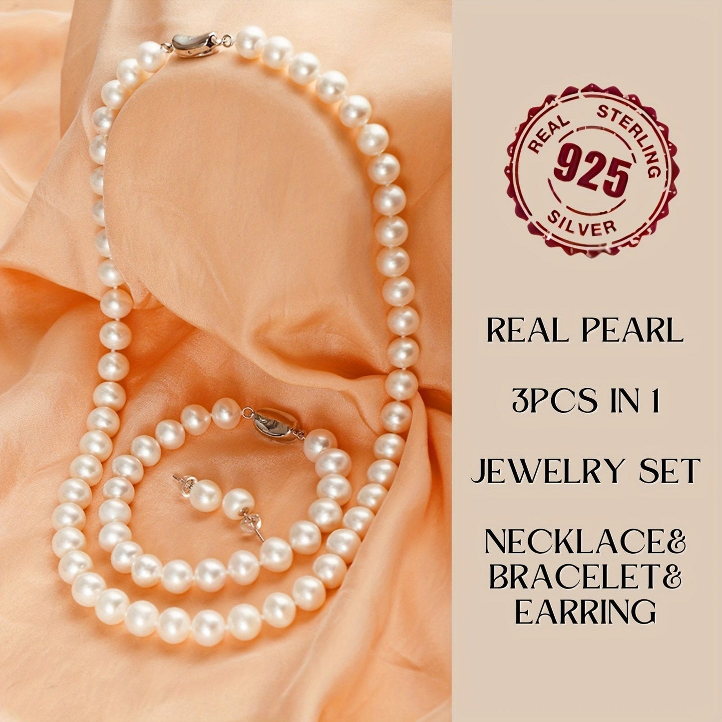 Set of 3 Elegant 925 Sterling Silver Freshwater Pearl Jewelry Pieces - Timeless Necklace, Bracelet, and Earrings with Faux Leather Gift Box, Ideal for Weddings, Valentine's Day, and Mother's Day - Suitable for All Seasons