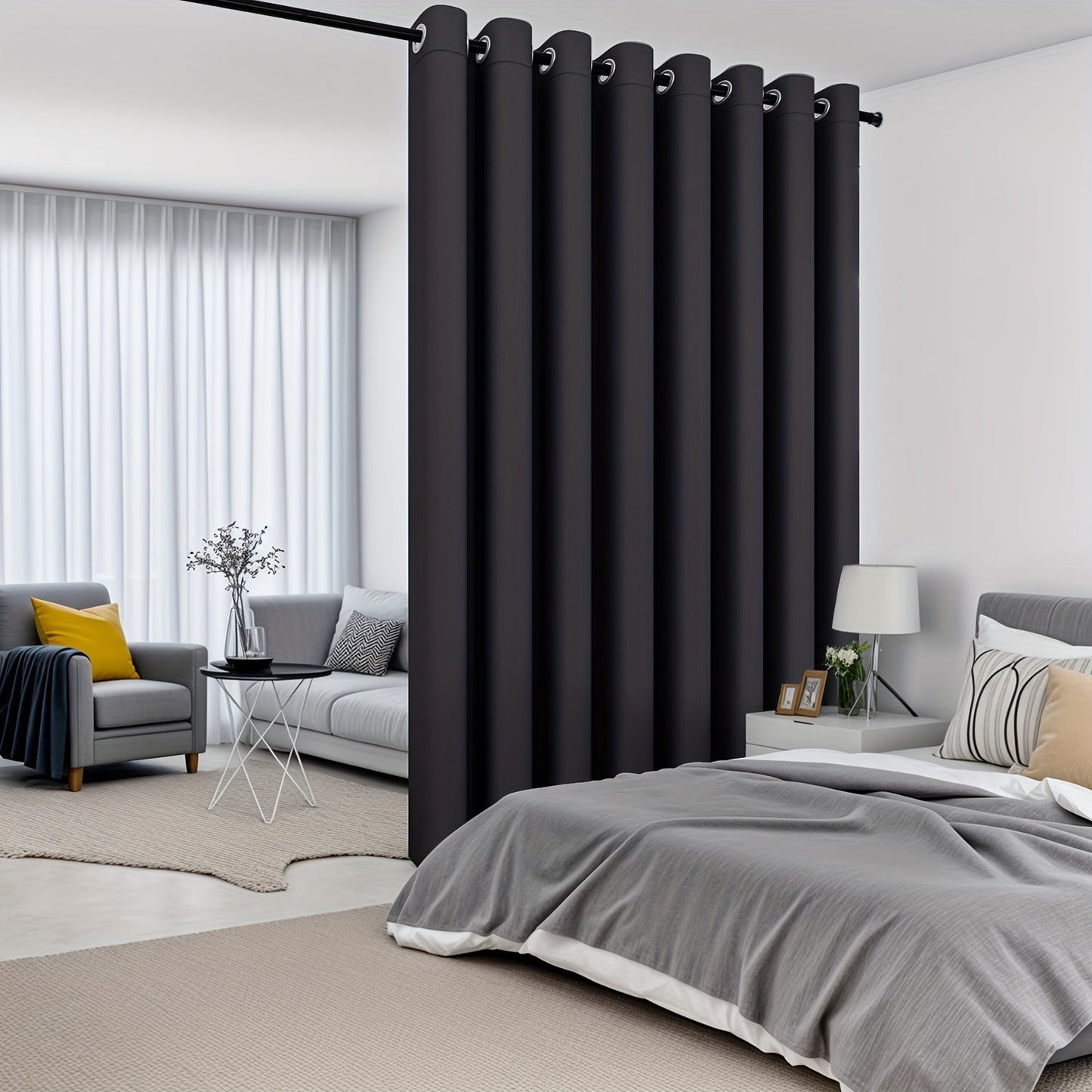 Modern Blackout Privacy Room Divider Curtain features UV protection and water-resistant polyester material with a grommet top for easy hanging. It is machine washable and suitable for all seasons, perfect for use in the living room or bedroom.