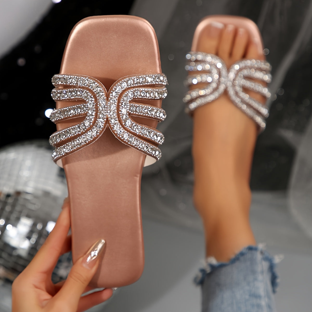 Women's Rhinestone Decor Slide Sandals with Casual Open Toe