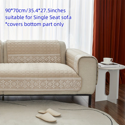 Gray velvet waffle sofa cover with lace detailing, non-slip and pet-friendly. Fits 1-4 seater sofas, machine washable.