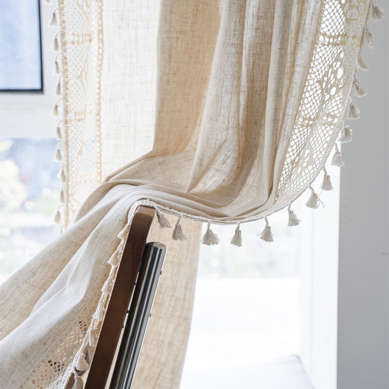 Boho-Chic Pure Linen Crochet Curtain with Tassels - Semi-Sheer Panel, American Farmhouse Style, Rod Pocket Design for Living Room, Bedroom, Dining & Kitchen, UV Protective, Hand Washable - Perfect for Living Room Decor