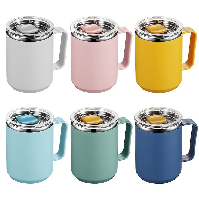 Insulated stainless steel coffee mug with handle and lid for office, outdoor, and school use.