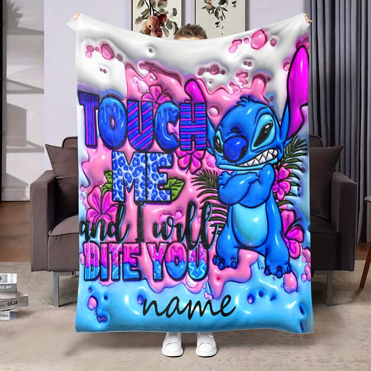 This ultra-soft and durable fleece throw blanket features a custom name print, with a contemporary style in mixed colors and an anime theme. It is reversible and suitable for all seasons, making it a versatile and multi-purpose addition to your home.