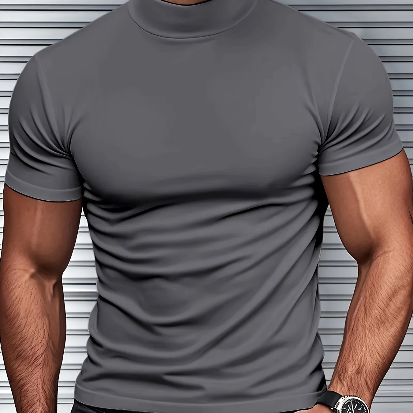 Men's slim fit short sleeve t-shirt with stand collar, ideal for gym and outdoor activities, made of breathable polyester-spandex blend, suitable for all-season wear.