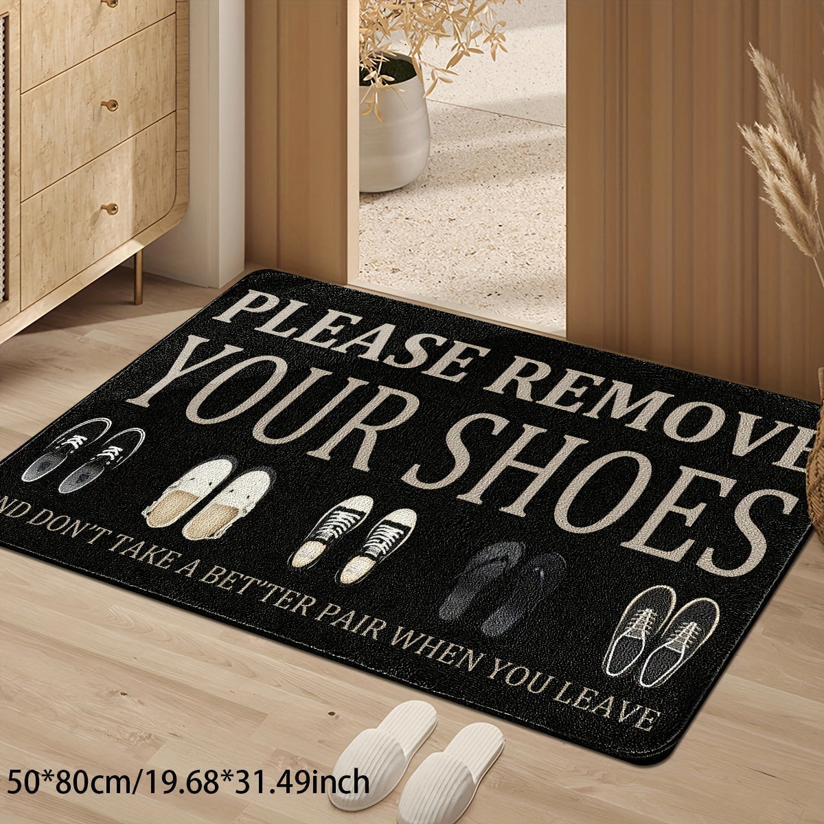 Hand-Washable Polyester Entryway Rug for Indoor and Porch Use - Non-Slip Mat with Decorative Shoe Prints and "Please Remove Your Shoes" Message