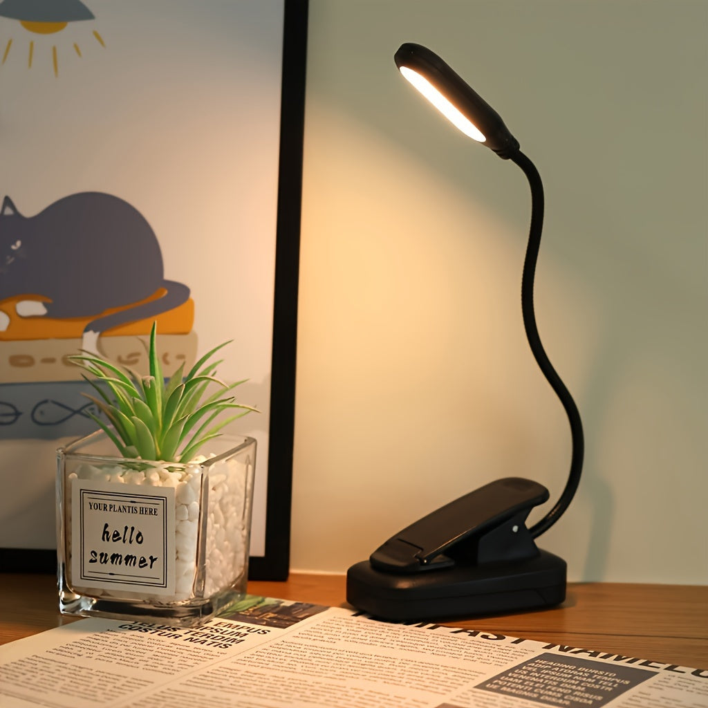 Adjustable arm reading light with yellow light, portable battery-powered LED night light with clip for reading, desktop eye protection lamp for reading.