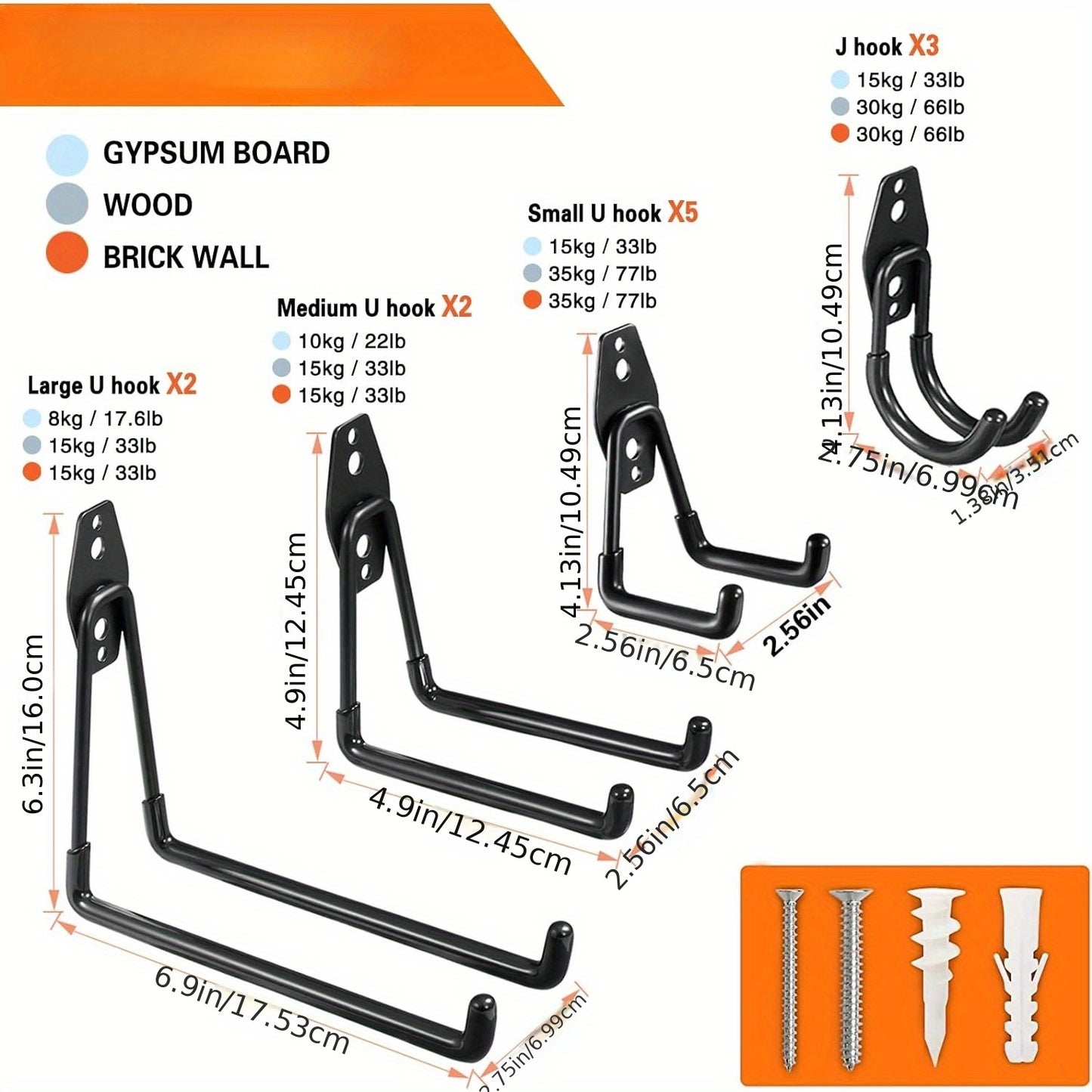 12-pack of heavy-duty garage hooks made of utility steel for wall mounting to organize power tools, ladders, bicycles, and other equipment.