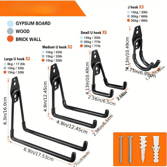 12-pack of heavy-duty garage hooks made of utility steel for wall mounting to organize power tools, ladders, bicycles, and other equipment.