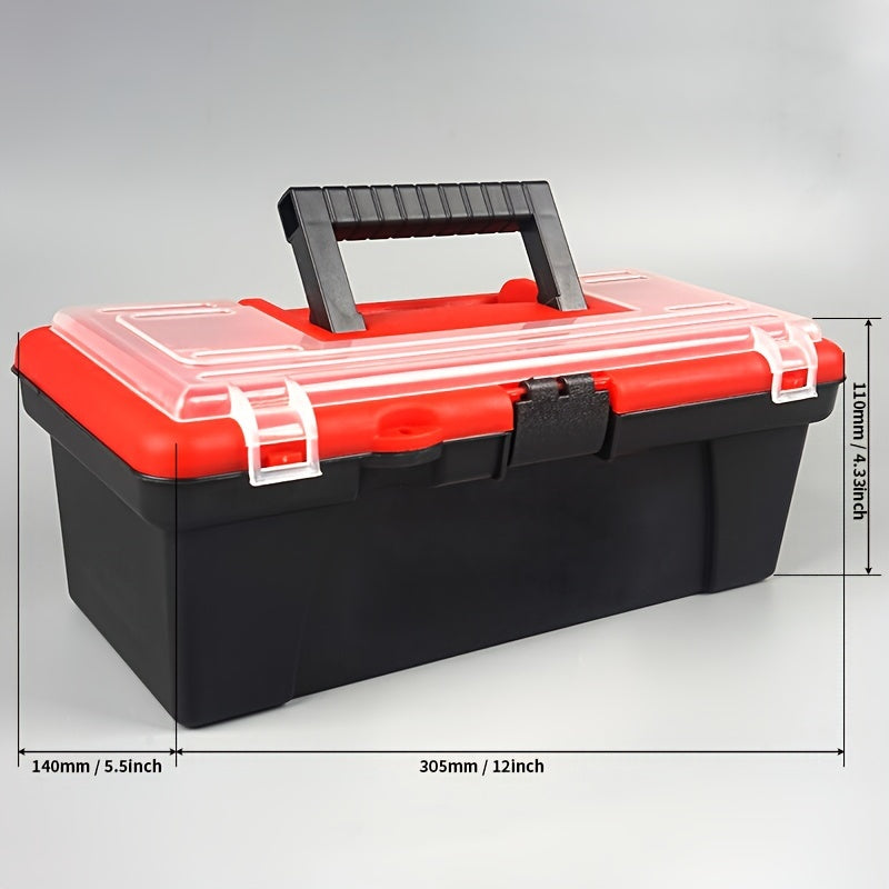 12-inch portable toolbox with top compartment, suitable for car repairs, electricians, and home use. Made of plastic, with screw storage and hand-carry feature.