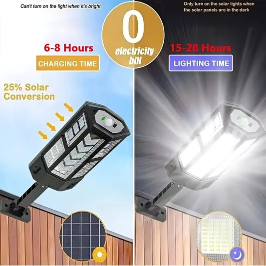 Super bright LED solar wall light with motion sensor, 3 lighting modes, and battery for outdoor security.