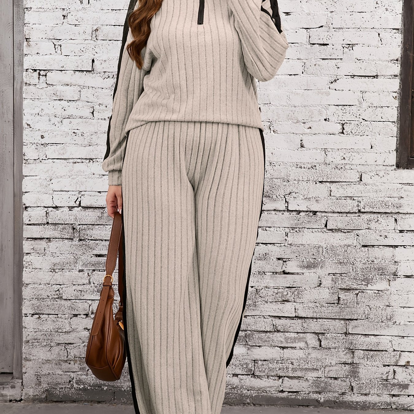 Color block pants set with long sleeve top and pants for fall, plus size women's clothing.