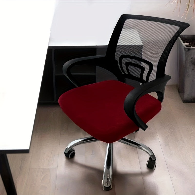 Office chair cover made of stretch velvet material with elastic spandex for universal fit in home or office settings.