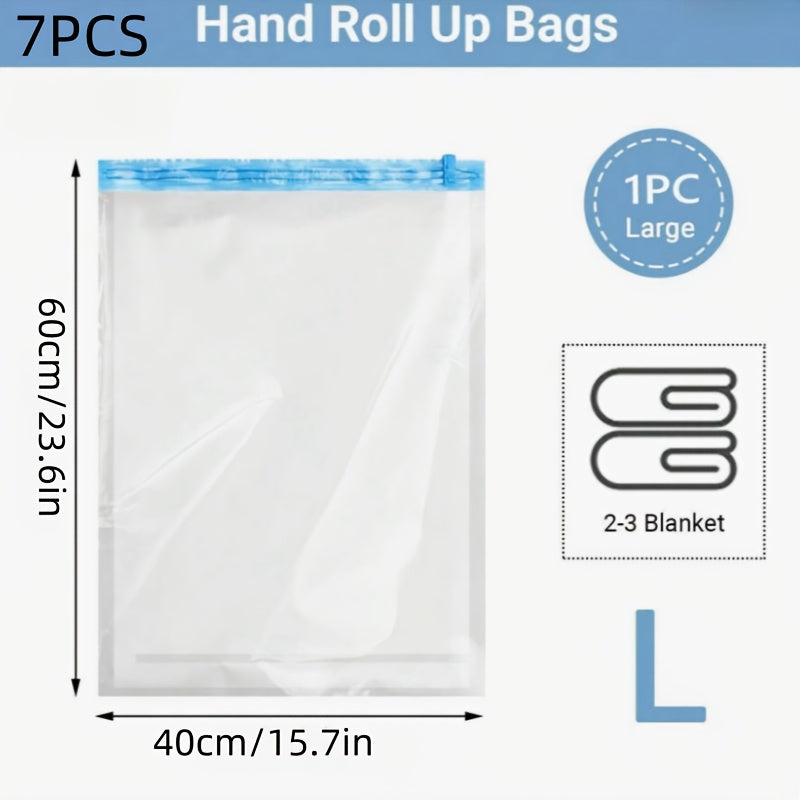 Pack of 7 Compression Bags - Save Space without the Need for a Vacuum or Pump! Easy-to-use Hand Roll Storage Bags for Travel Enthusiasts. Ideal for storing both dry and wet items compactly. Travel with ease and confidence!