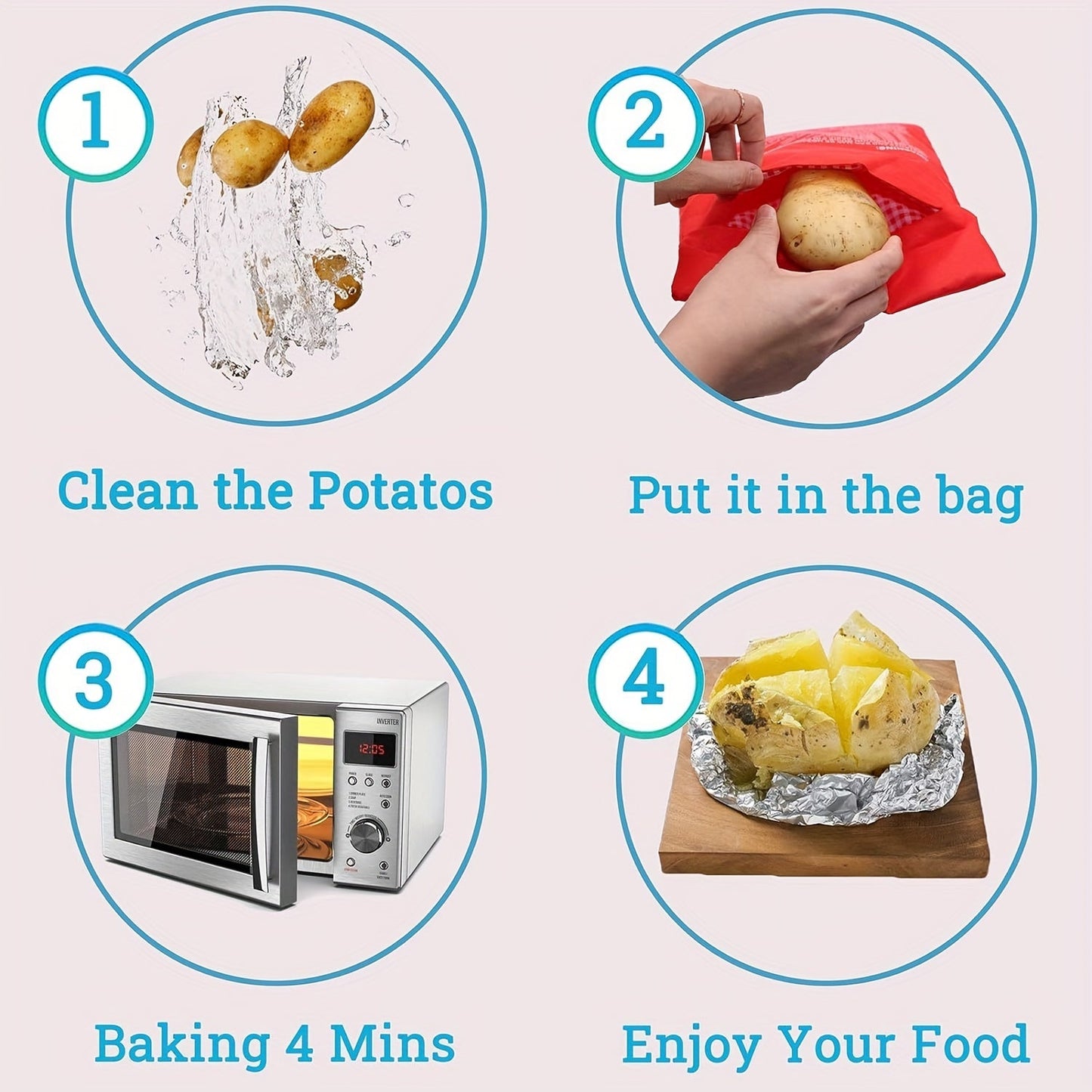 Three reusable microwave potato bags for quick cooking and warming potatoes. Made from non-food contact plastic material for perfect baked potatoes.