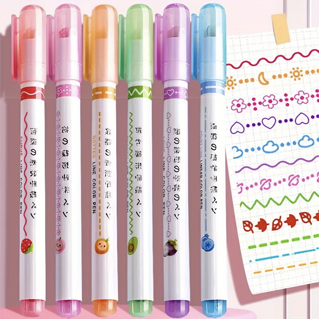 Set of 6 colored curve highlighter pens with 6 different colors and shapes, ideal for note taking.