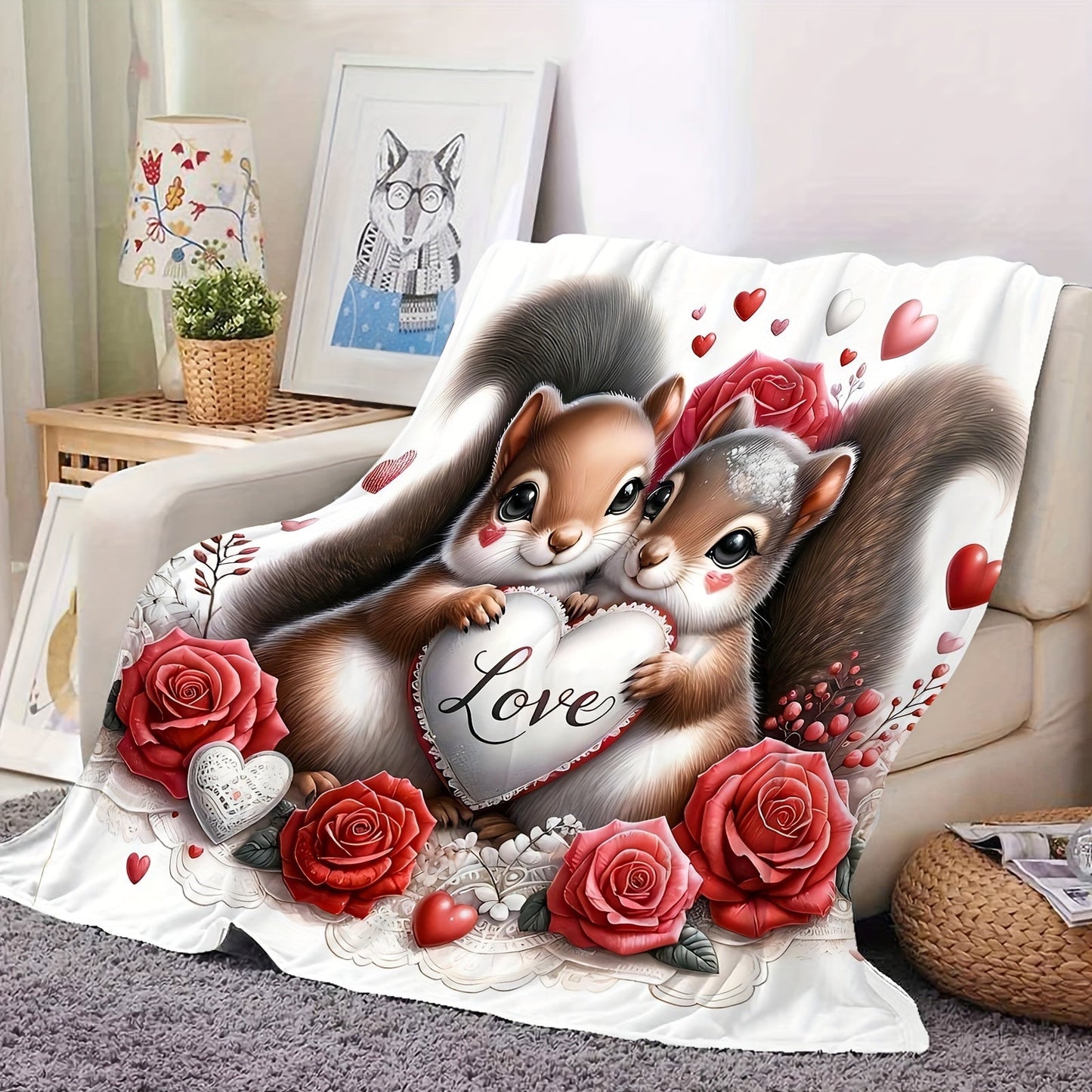 Soft and Cozy Love Squirrel Print Flannel Throw Blanket with a Charming Design - Perfect for Couch, Bed, Office, and Travel - Machine Washable and Versatile for all your needs