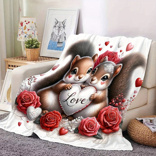 Soft and Cozy Love Squirrel Print Flannel Throw Blanket with a Charming Design - Perfect for Couch, Bed, Office, and Travel - Machine Washable and Versatile for all your needs