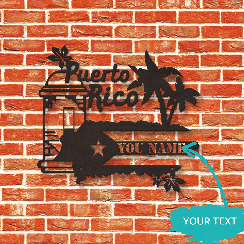 Personalized Name and Text Metal Sign featuring Custom Puerto Rico Flag Design - Stylish Wall Art for Home and Nursery Decor, Suitable for Indoor and Outdoor Use